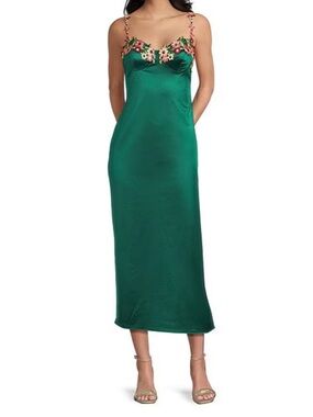 Emerald Satin Midi Slip Dress with Floral-Trim Straps